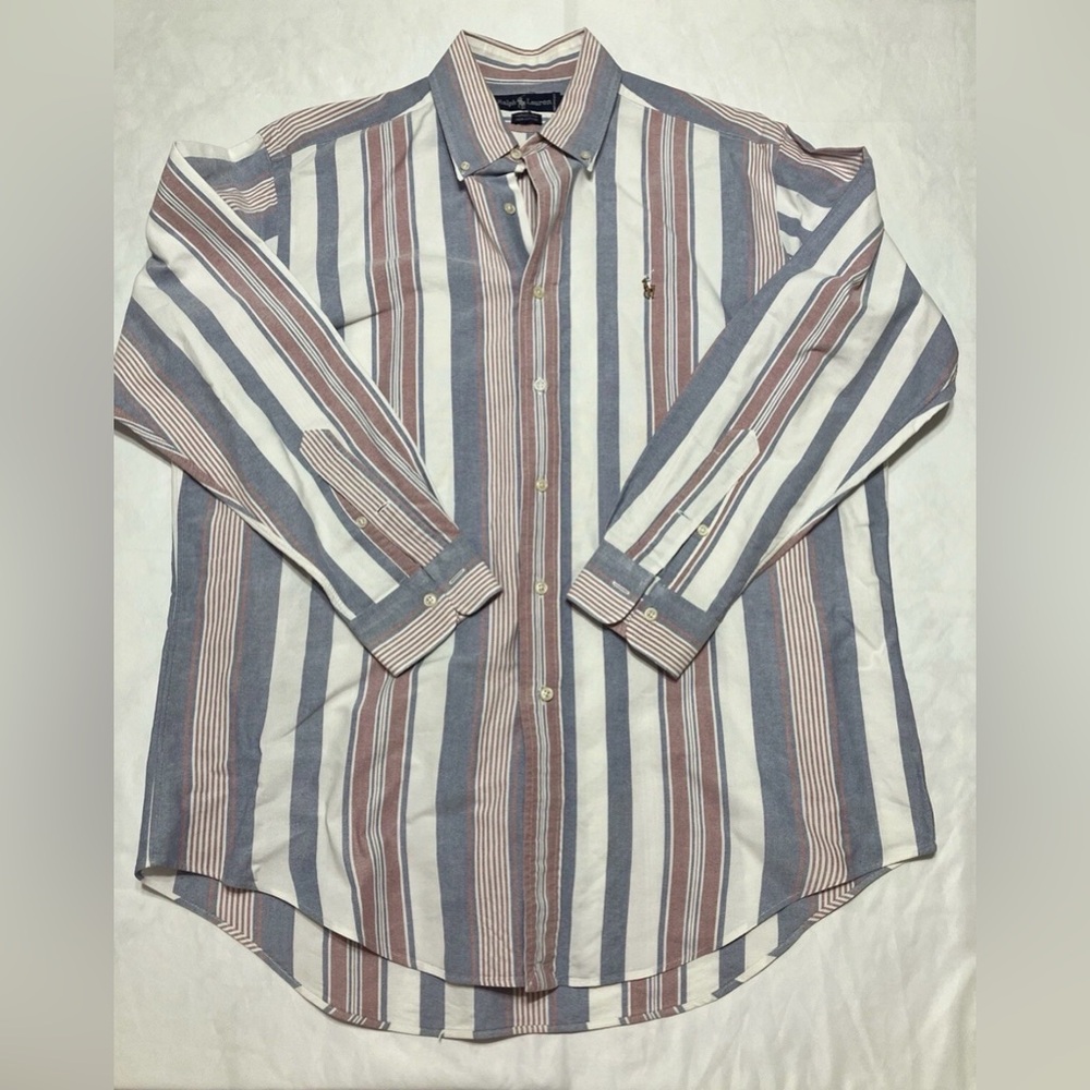 Ralph Lauren Men’s Button Up Shirt Blue Red Stripe Yarmouth| Vintage 90s| Rare